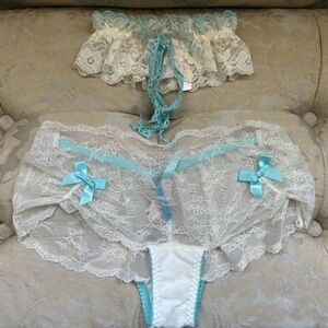 Victoria’s Secret white lace panty with blue bows + matching garter